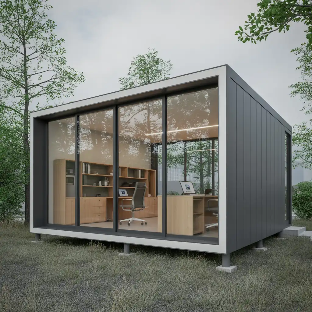 Modern Container Office | Portable Office Cabin – Bangalore, Chennai, Hyderabad, Mumbai & pan-India Modern prefabricated container office cabin with full glass façade and steel frame – available in Bangalore, Chennai, Hyderabad, Mumbai, Pune, Delhi NCR & pan-India