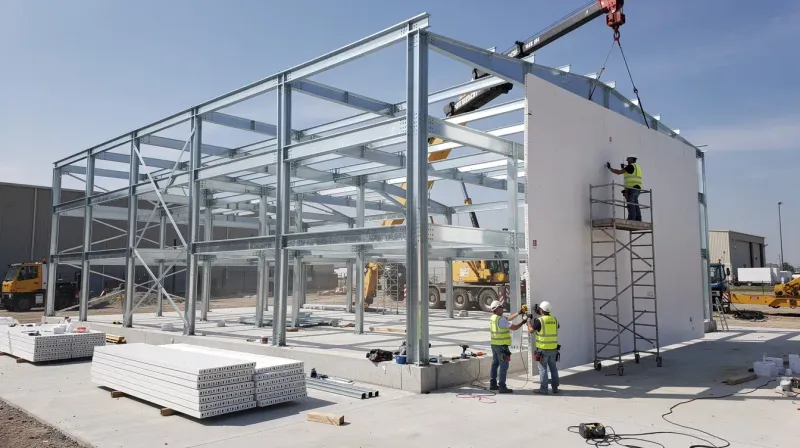 Steel frame construction of prefabricated labor hutment with insulated sandwich panel installation by workers at industrial site – Portable Office Cabin | Bangalore, Chennai, Mumbai & across India Steel frame construction of prefabricated labor hutment with insulated sandwich panel installation by workers at industrial site – available in Bangalore, Chennai, Hyderabad, Mumbai, Pune, Delhi NCR & pan-India