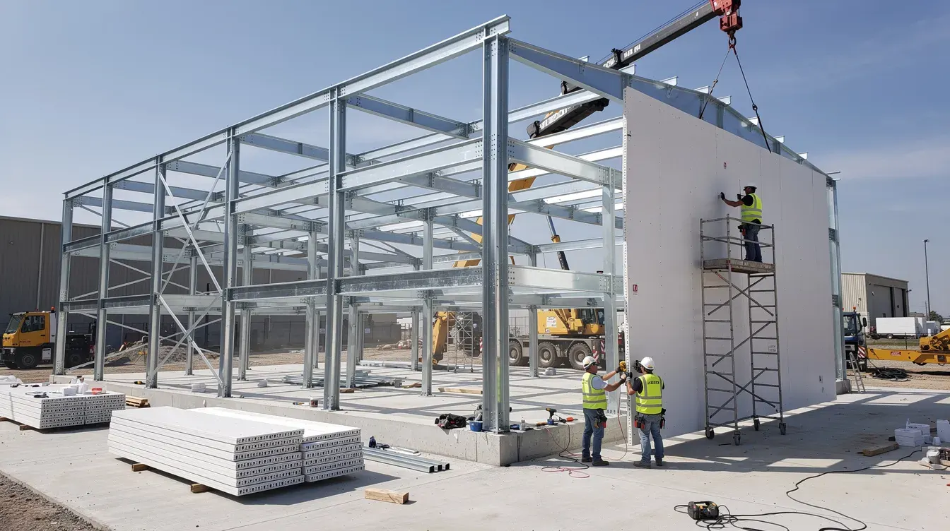 Steel frame construction of prefabricated labor hutment with insulated sandwich panel installation by workers at industrial site – Portable Office Cabin | Bangalore, Chennai, Mumbai & across India Steel frame construction of prefabricated labor hutment with insulated sandwich panel installation by workers at industrial site – available in Bangalore, Chennai, Hyderabad, Mumbai, Pune, Delhi NCR & pan-India