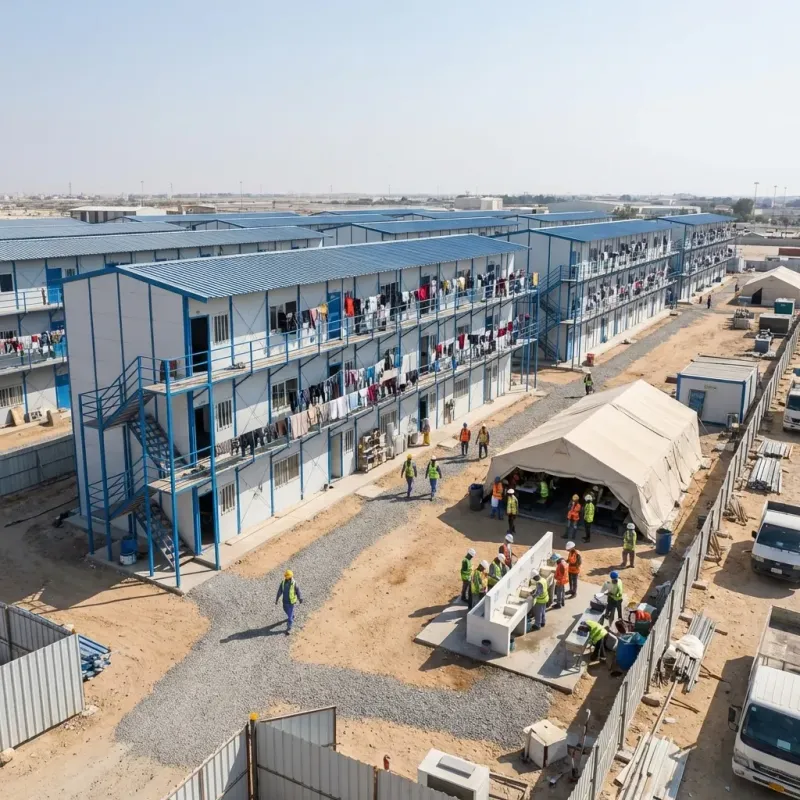 Large-scale prefab labour camp with multiple G+1 blocks at highway construction site by Portable Office Cabin – Portable Office Cabin | Bangalore, Chennai, Mumbai & across India Large-scale prefab labour camp with multiple G+1 blocks at highway construction site by Portable Office Cabin – available in Bangalore, Chennai, Hyderabad, Mumbai, Pune, Delhi NCR & pan-India