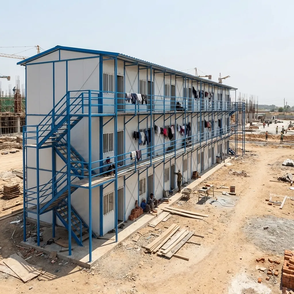 G+1 double-storey labour colony with steel staircase and external corridor at metro rail project by Portable Office Cabin – Portable Office Cabin | Bangalore, Chennai, Mumbai & across India G+1 double-storey labour colony with steel staircase and external corridor at metro rail project by Portable Office Cabin – available in Bangalore, Chennai, Hyderabad, Mumbai, Pune, Delhi NCR & pan-India