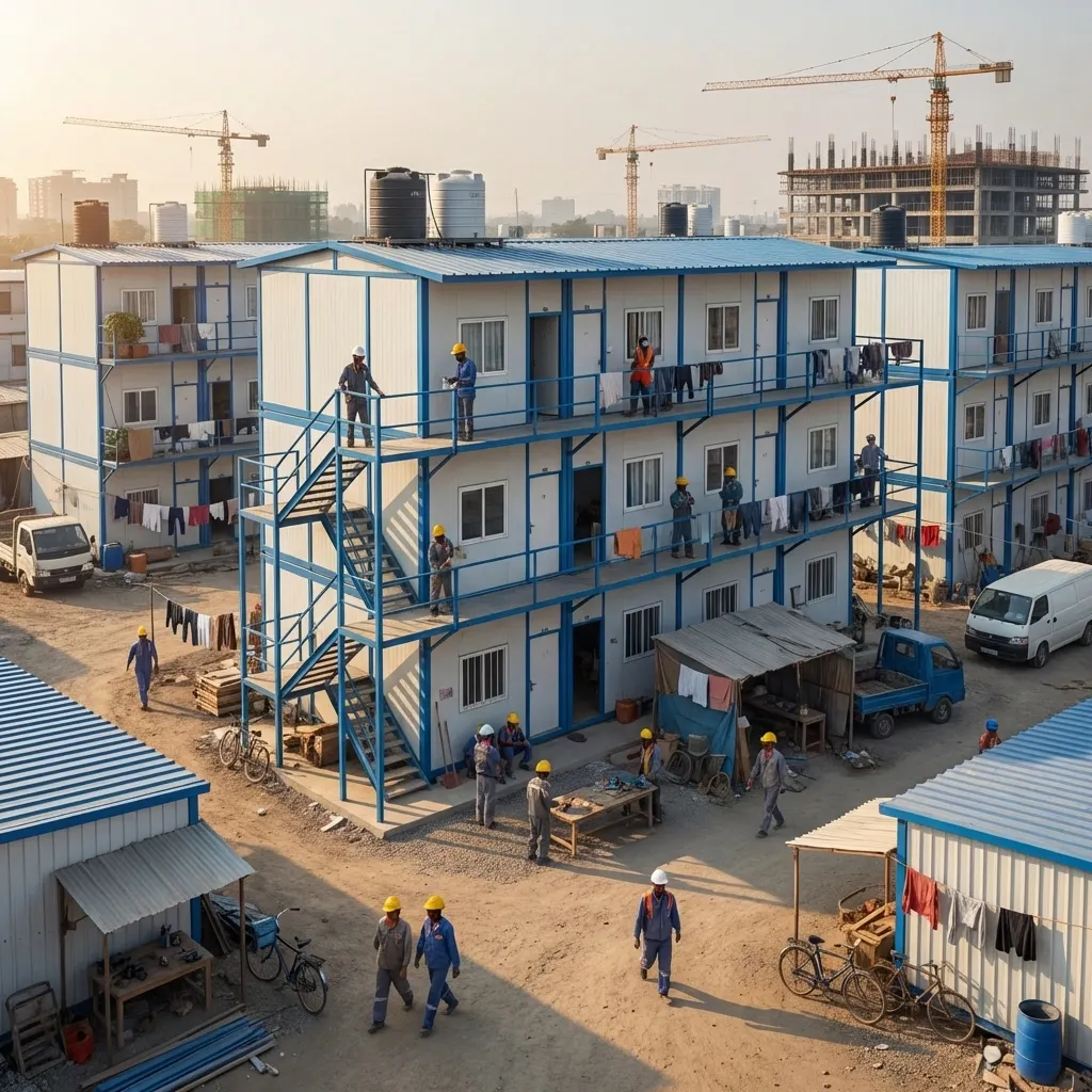 Active construction site labour colony with overhead water tanks and worker facilities by Portable Office Cabin – Portable Office Cabin | Bangalore, Chennai, Mumbai & across India Active construction site labour colony with overhead water tanks and worker facilities by Portable Office Cabin – available in Bangalore, Chennai, Hyderabad, Mumbai, Pune, Delhi NCR & pan-India