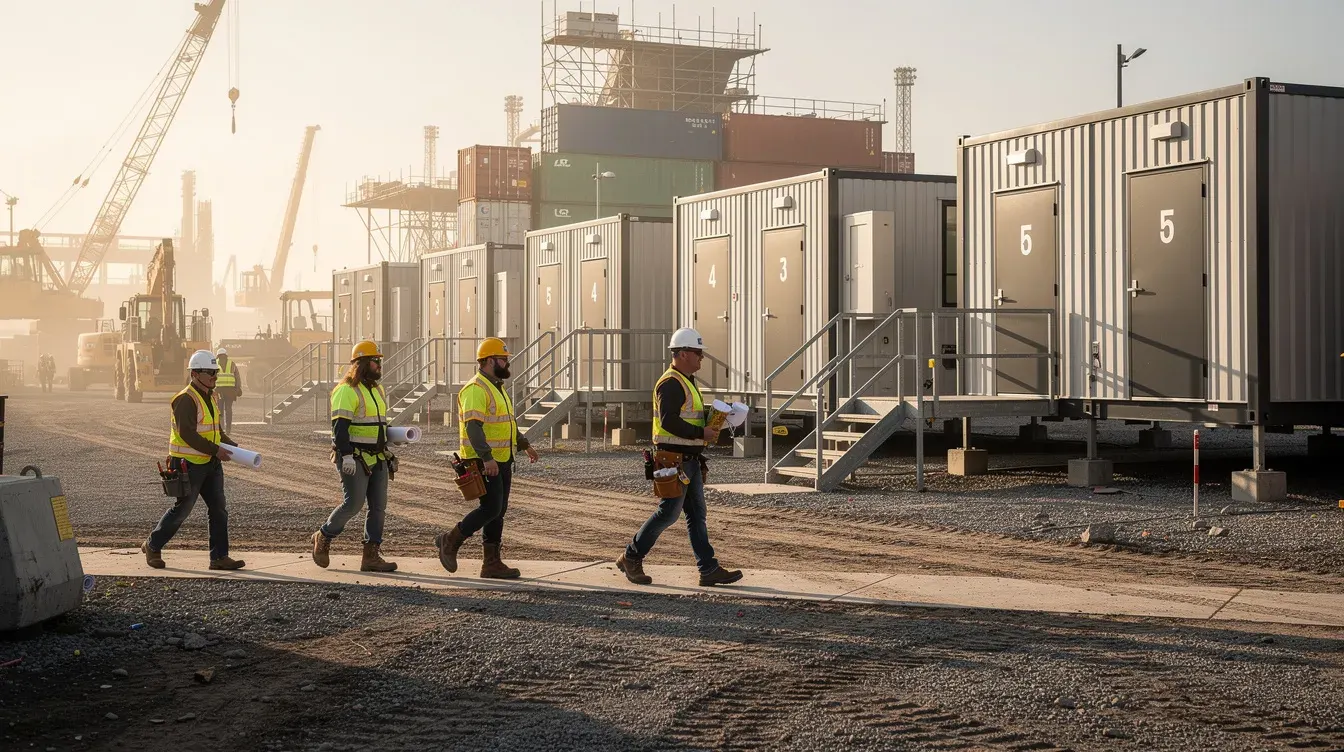 Construction workers walking past numbered portable labour accommodation units at industrial project site – Portable Office Cabin | Bangalore, Chennai, Mumbai & across India Construction workers walking past numbered portable labour accommodation units at industrial project site – available in Bangalore, Chennai, Hyderabad, Mumbai, Pune, Delhi NCR & pan-India