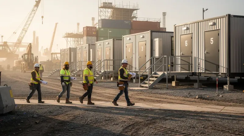 Construction workers walking past numbered portable labour accommodation units at industrial project site – Portable Office Cabin | Bangalore, Chennai, Mumbai & across India Construction workers walking past numbered portable labour accommodation units at industrial project site – available in Bangalore, Chennai, Hyderabad, Mumbai, Pune, Delhi NCR & pan-India