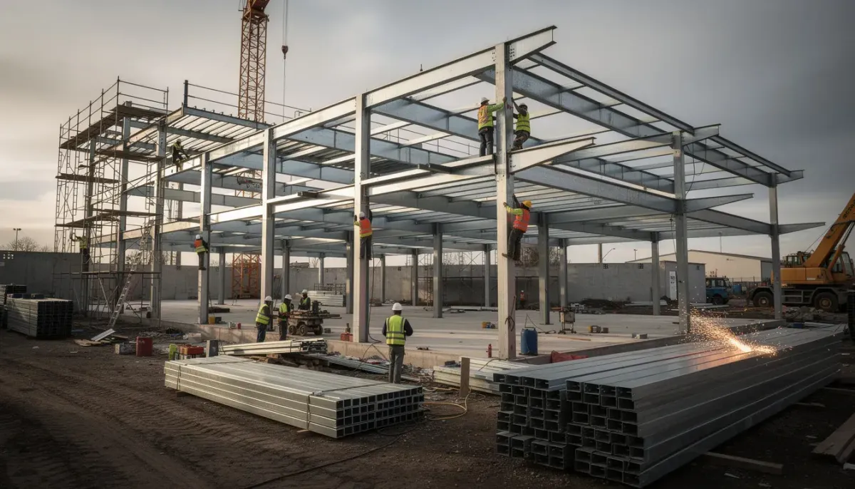 Steel-frame prefabricated labour shed structure at construction site by Portable Office Cabin