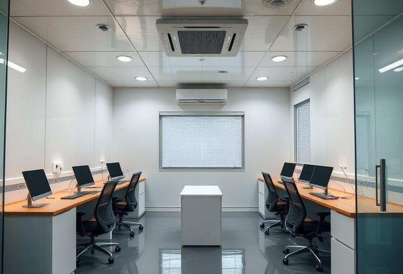 Interior of modern portable cabin office with AC, desks and LED lighting – Portable Office Cabin | Bangalore, Chennai, Mumbai & across India Interior of modern portable cabin office with AC, desks and LED lighting – available in Bangalore, Chennai, Hyderabad, Mumbai, Pune, Delhi NCR & pan-India