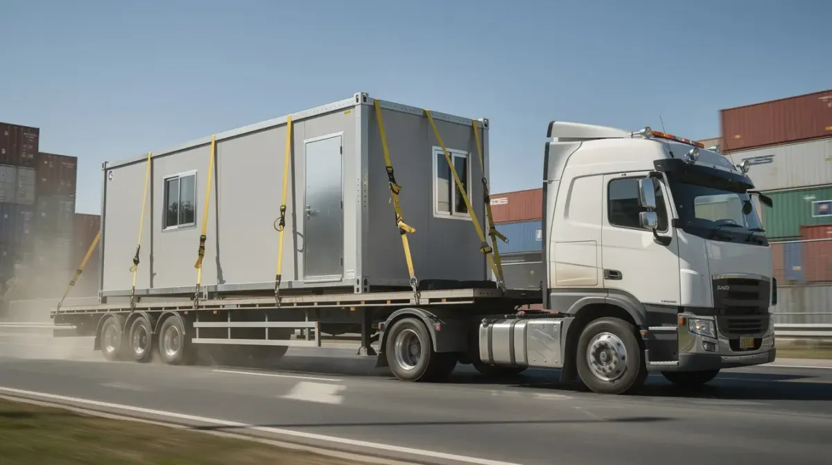 Portable cabin being transported on a trailer truck for delivery across Bangalore by Portable Office Cabin