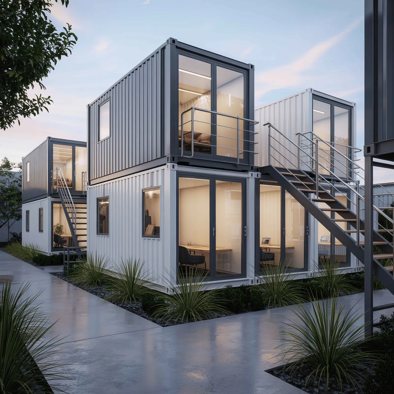 Multi-story stacked container office complex with external staircases