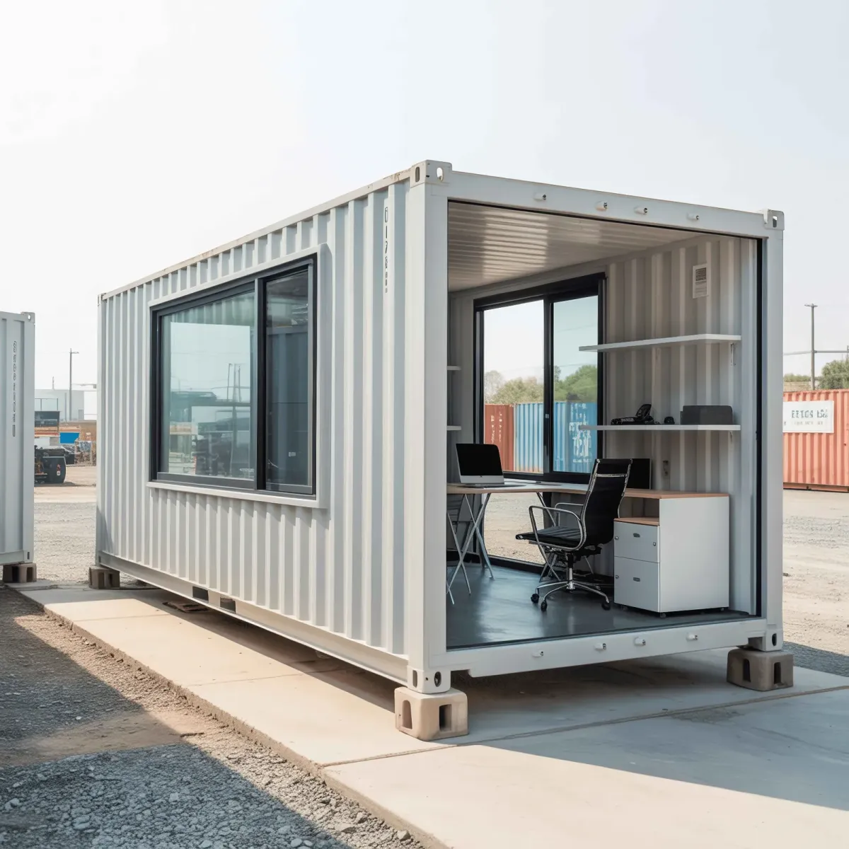 Container office cabin with open side showing workspace setup at construction site