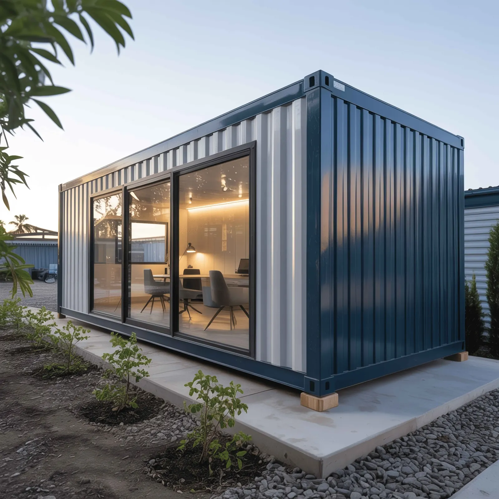 Prefabricated container office with glass sliding doors and modern interior