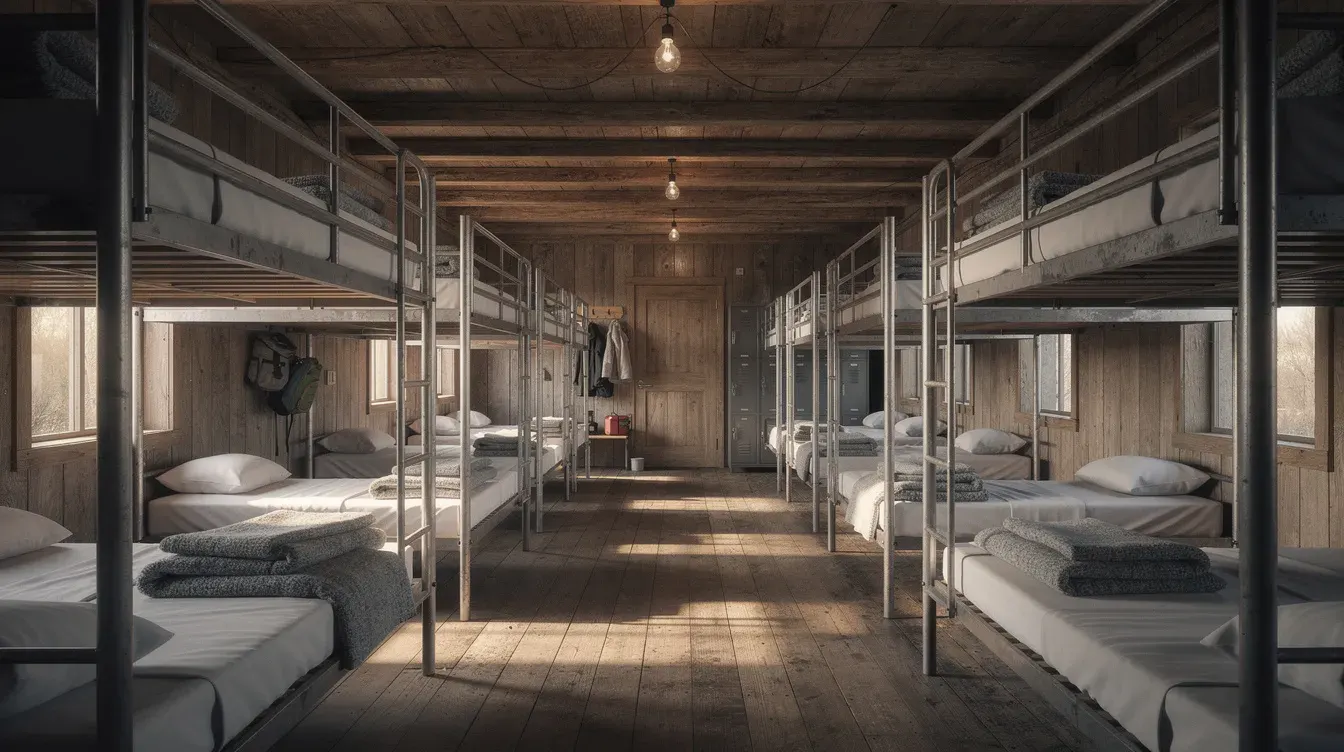 Interior view of prefab porta cabin bunkhouse dormitory with triple-tier bunk beds for labour accommodation – Portable Office Cabin | Bangalore, Chennai, Mumbai & across India Interior view of prefab porta cabin bunkhouse dormitory with triple-tier bunk beds for labour accommodation – available in Bangalore, Chennai, Hyderabad, Mumbai, Pune, Delhi NCR & pan-India