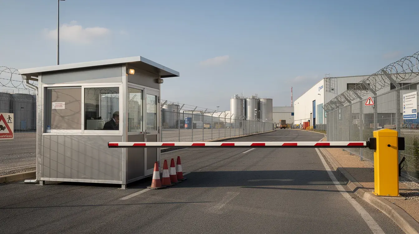 GI Security Cabin | Portable Office Cabin – Bangalore, Chennai, Hyderabad, Mumbai & pan-India GI portable security cabin at industrial gate entrance with boom barrier in India