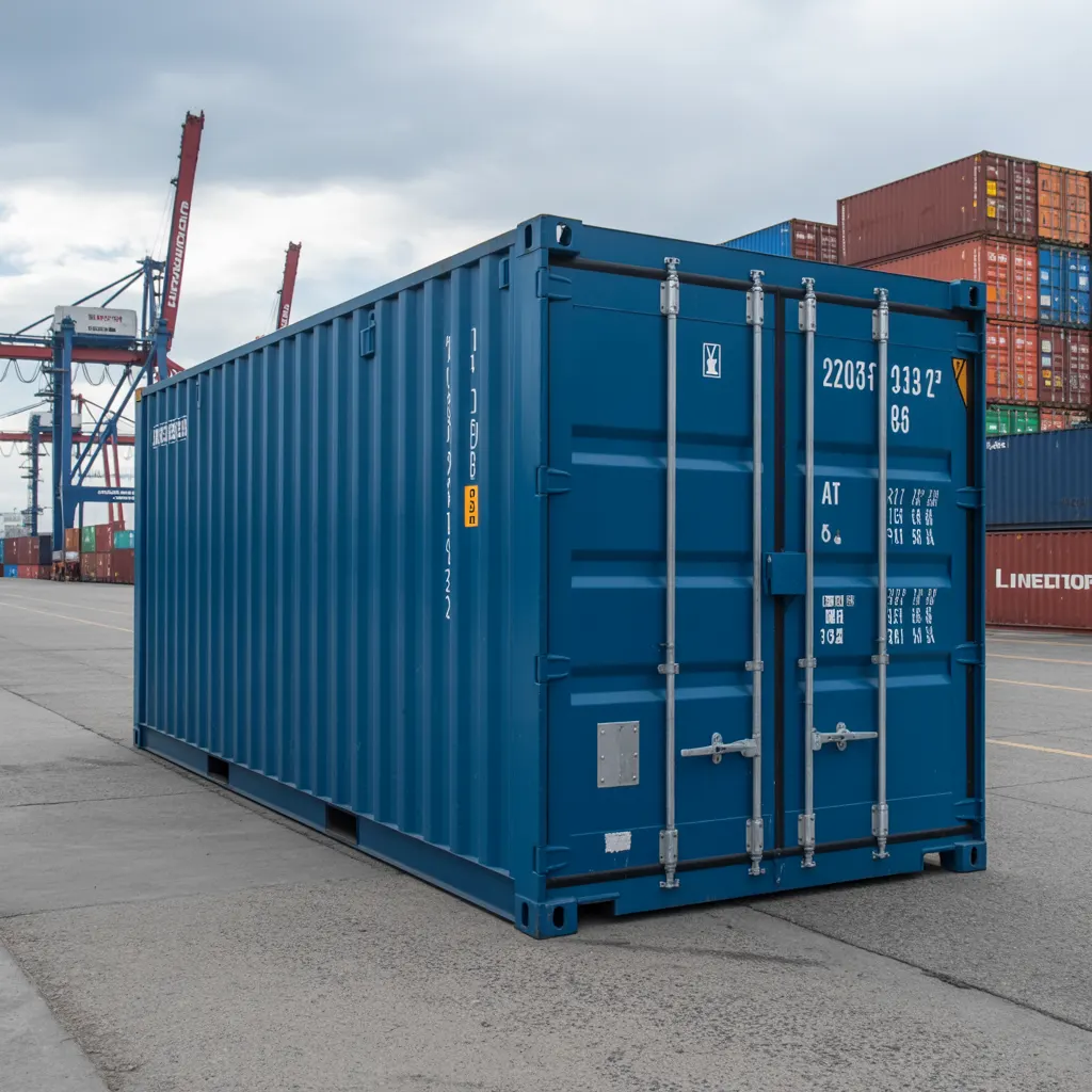 ISO container near Chennai Ennore port — cargo-worthy unit by Portable Office Cabin Dark blue 20 ft ISO shipping container at dock with gantry cranes near Ennore Kattupalli Chennai by Portable Office Cabin