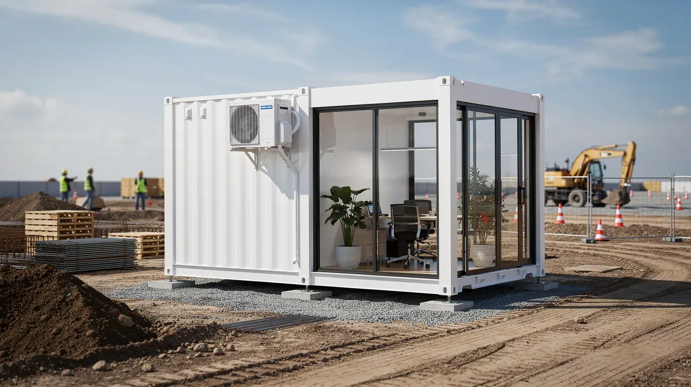 Container office at Chennai construction site — turnkey modular workspace by Portable Office Cabin White 20 ft container office with glass facade and split AC at construction site near Sriperumbudur Chennai by Portable Office Cabin