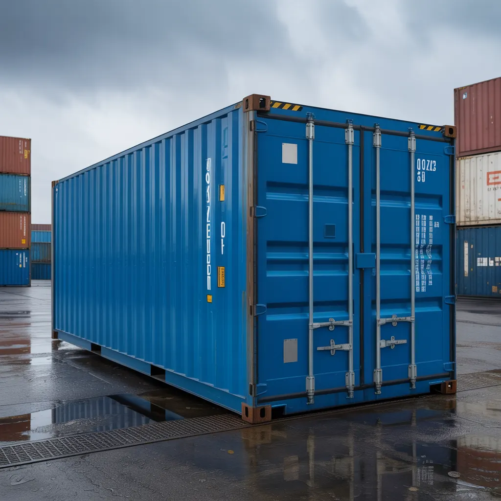 Weather-resistant 40 ft container in Chennai — monsoon-grade storage by Portable Office Cabin Blue 40 ft shipping container on wet yard surface with lock rods for monsoon-resistant storage in Chennai by Portable Office Cabin