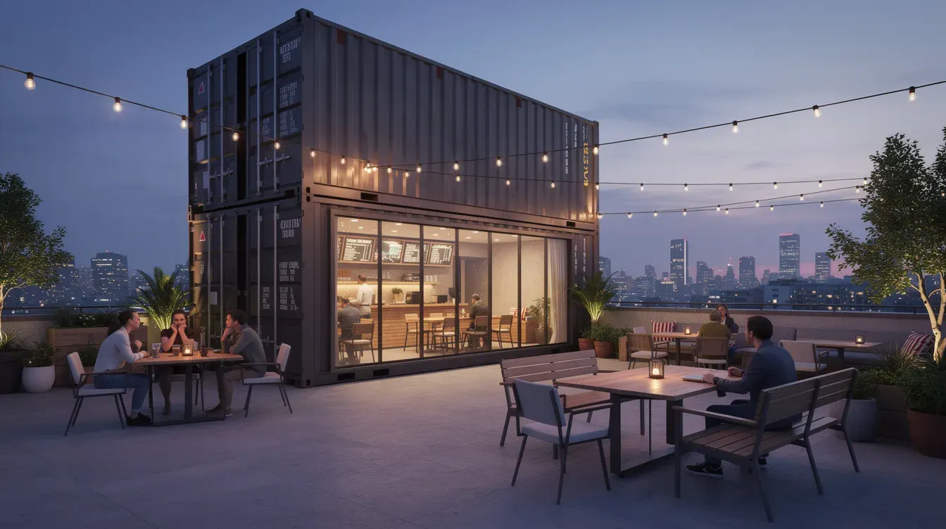 Shipping Container in Kormangala | Portable Office Cabin – Bangalore, Chennai, Hyderabad, Mumbai & pan-India Container café with rooftop seating and string lights in Koramangala Bangalore by Portable Office Cabin