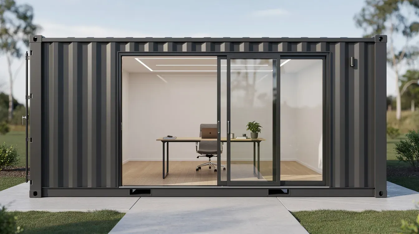 Shipping Container in Kormangala | Portable Office Cabin – Bangalore, Chennai, Hyderabad, Mumbai & pan-India Modern grey shipping container office with glass sliding doors in Koramangala by Portable Office Cabin