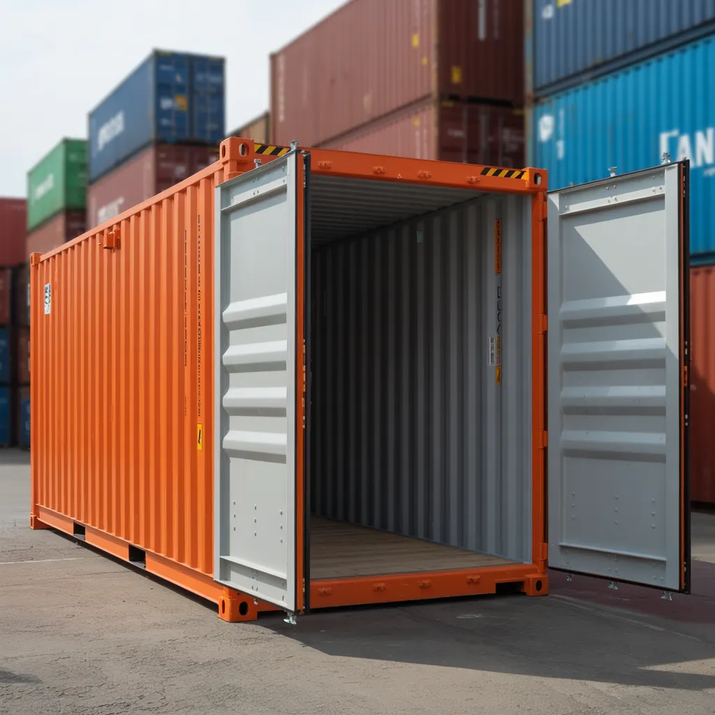 Used shipping container for sale in Krishnagiri — refurbished 20 ft unit by Portable Office Cabin Orange 20 ft shipping container with double doors open at storage yard serving Krishnagiri Rayakottai and Vellore by Portable Office Cabin – available in Bangalore, Chennai, Hyderabad, Mumbai, Pune, Delhi NCR & pan-India
