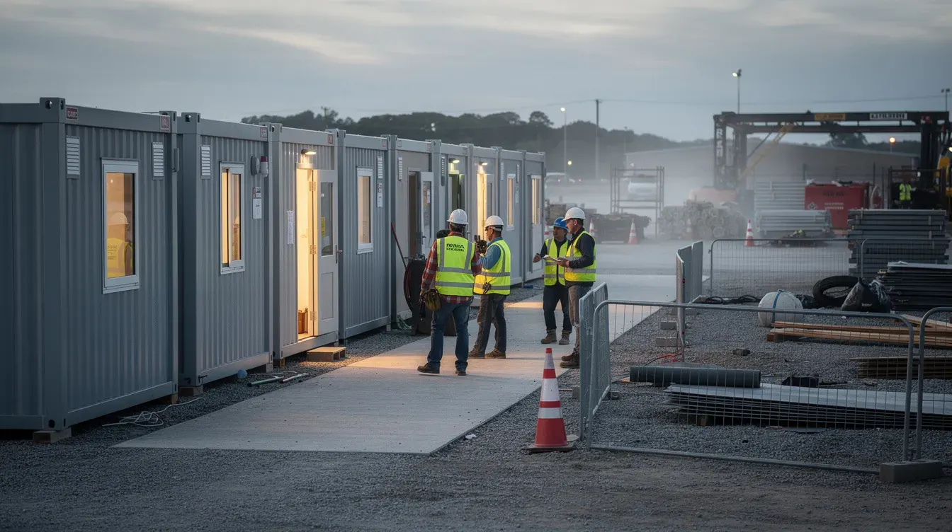 Container site offices at Narsapura KIADB plot — prefabricated modular cabins by Portable Office Cabin Container office cabins with LED lighting at KIADB Narsapura construction site with workers in safety vests by Portable Office Cabin