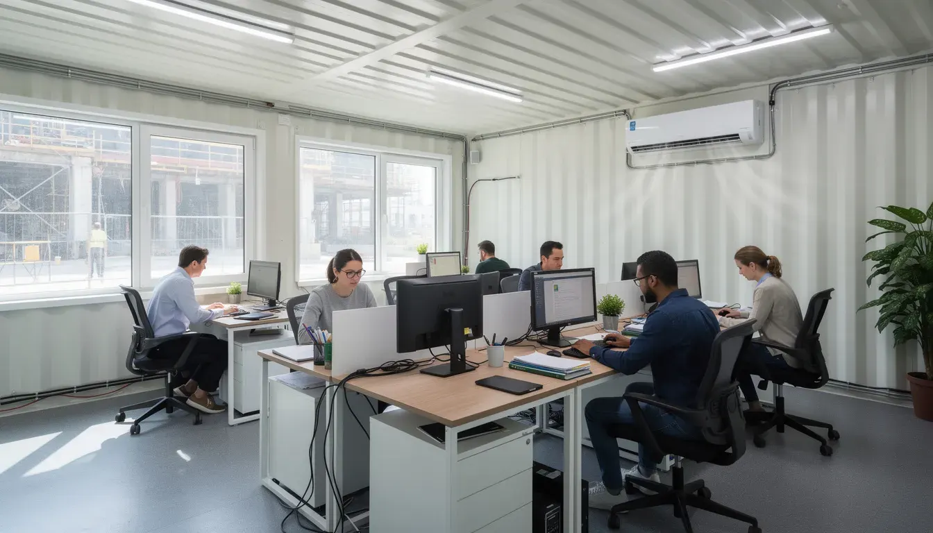 Fitted shipping container office interior Container office interior prepared for rental deployment – available in Bangalore, Chennai, Hyderabad, Mumbai, Pune, Delhi NCR & pan-India