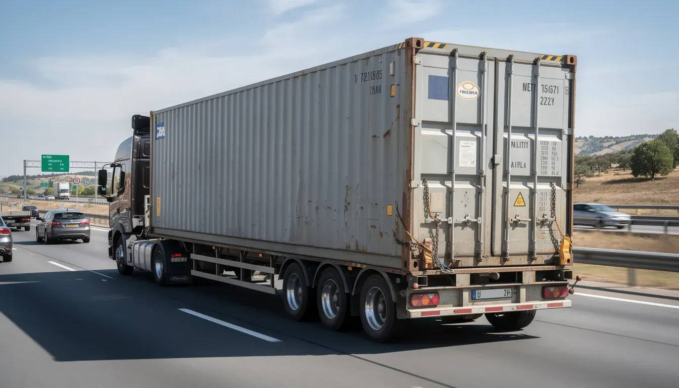 Shipping container rental transport Shipping container transported by trailer for rental delivery – available in Bangalore, Chennai, Hyderabad, Mumbai, Pune, Delhi NCR & pan-India