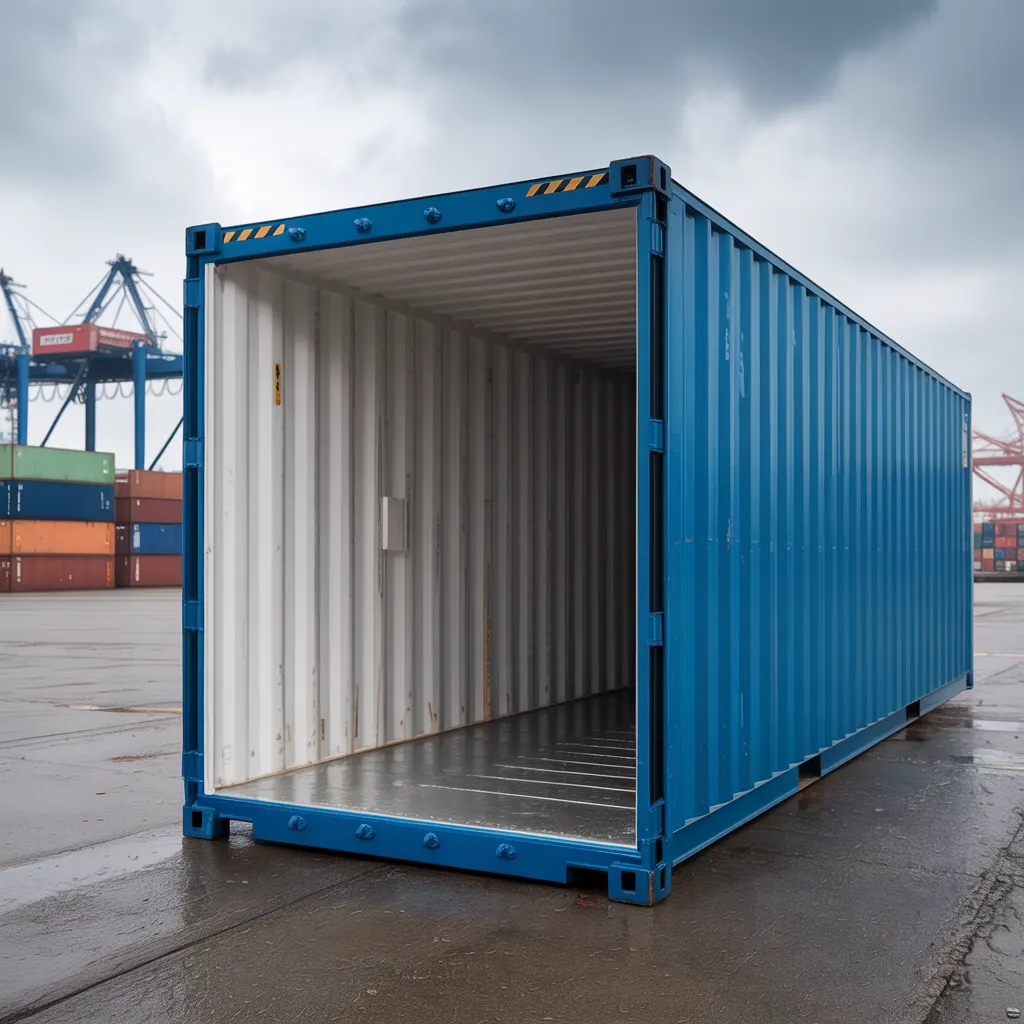 20 ft blue shipping container with doors open showing marine plywood flooring for SIPCOT Irungattukottai factory storage by Portable Office Cabin – available in Bangalore, Chennai, Hyderabad, Mumbai, Pune, Delhi NCR & pan-India