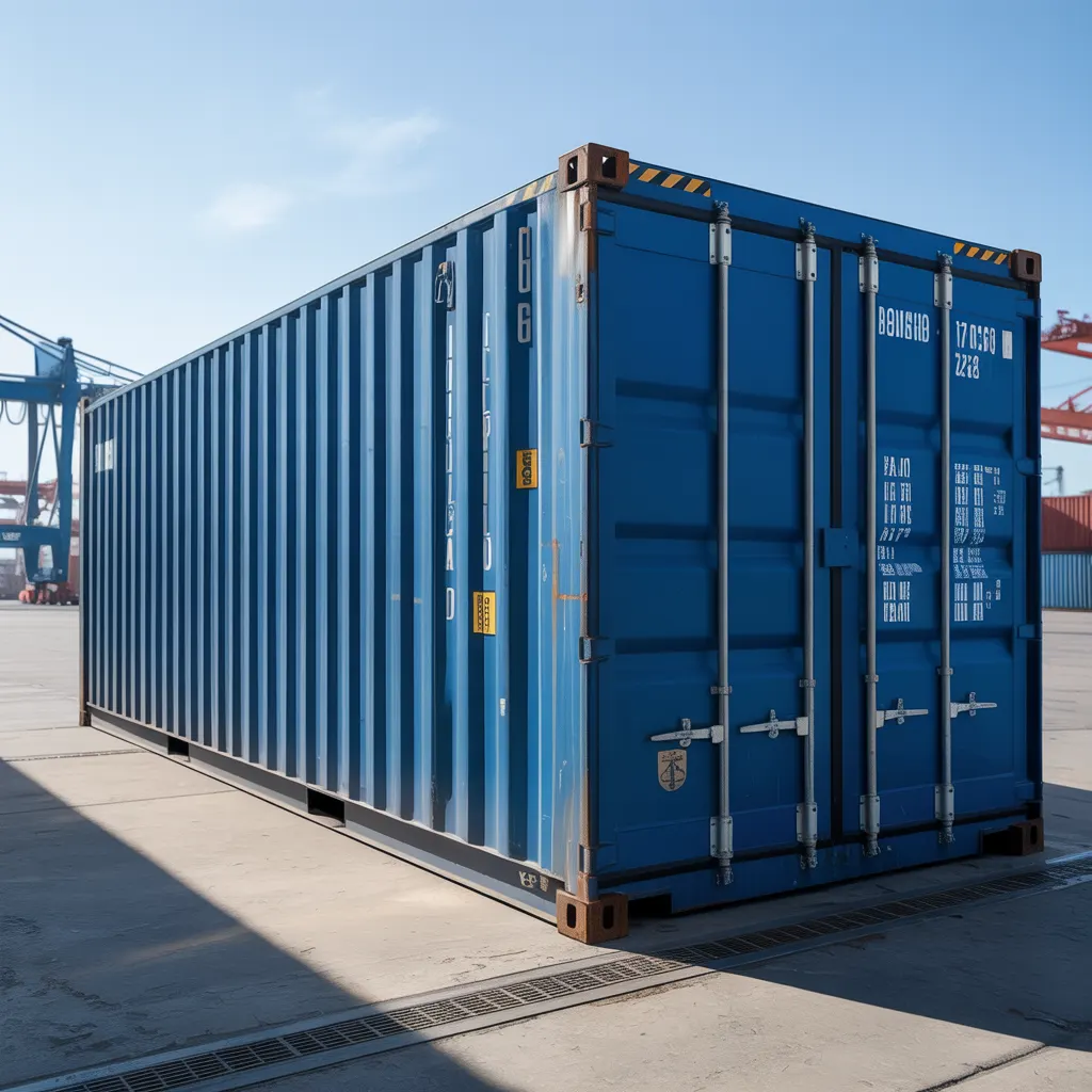 Blue 40 ft ISO shipping container at dispatch yard ready for delivery to SIPCOT Oragadam and Gummidipoondi by Portable Office Cabin