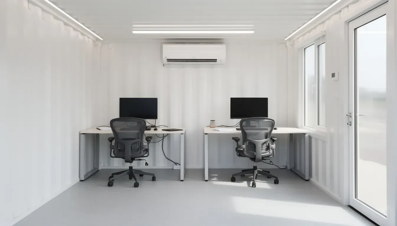 Site office container interior fit-out Interior of a prefabricated site office container with workstations and air conditioning – available in Bangalore, Chennai, Hyderabad, Mumbai, Pune, Delhi NCR & pan-India