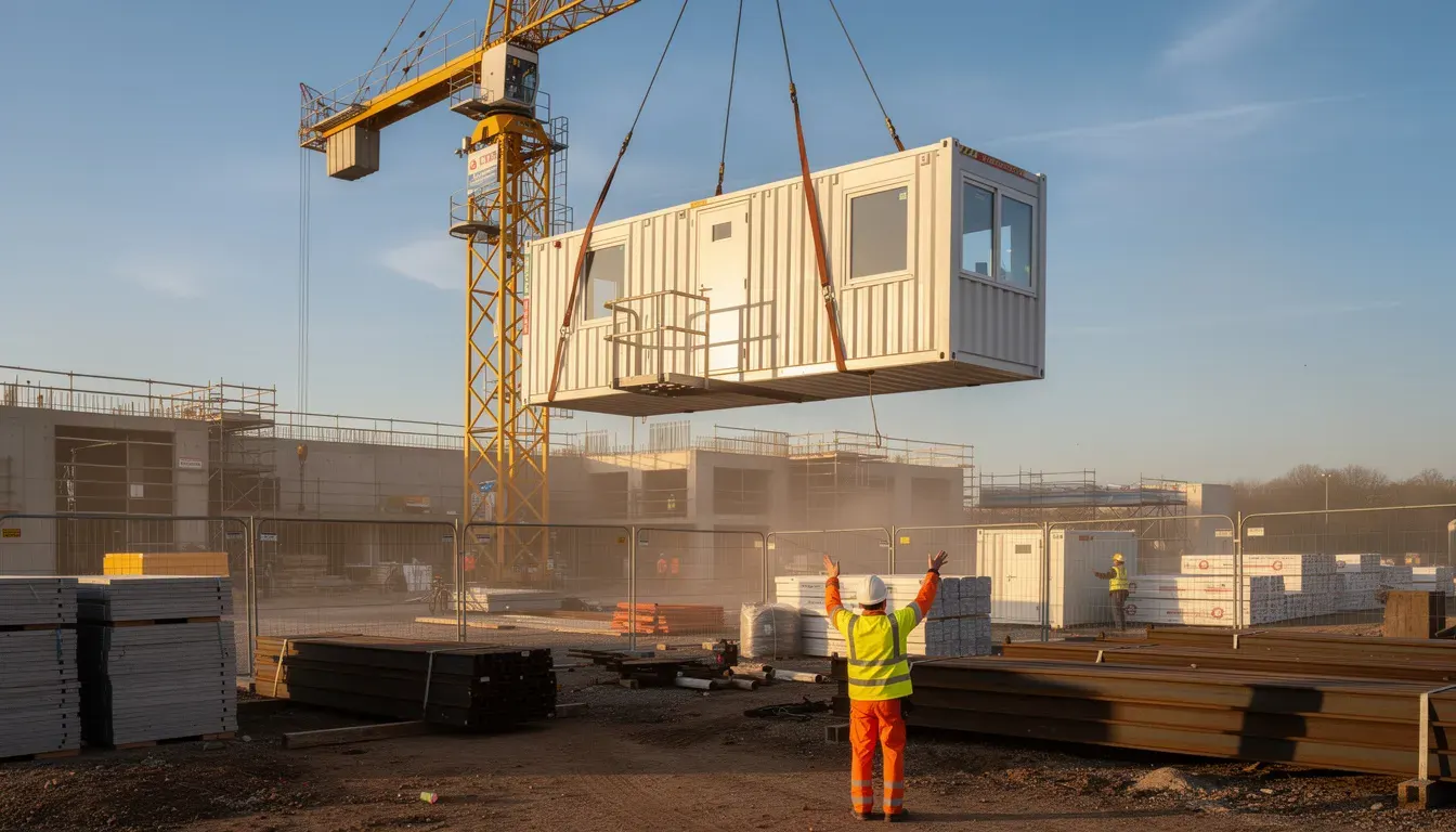 Crane placement of prefabricated site office container Lifted site office container being placed by crane at a construction site – available in Bangalore, Chennai, Hyderabad, Mumbai, Pune, Delhi NCR & pan-India