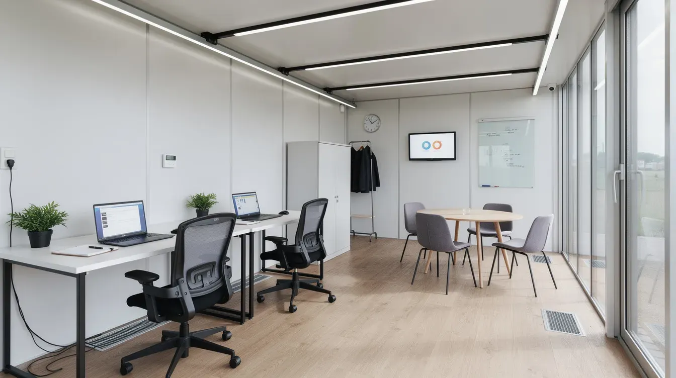 Modern steel portable office container interior fit-out Steel portable office container interior with workstations and meeting area by Portable Office Cabin – available in Bangalore, Chennai, Hyderabad, Mumbai, Pune, Delhi NCR & pan-India