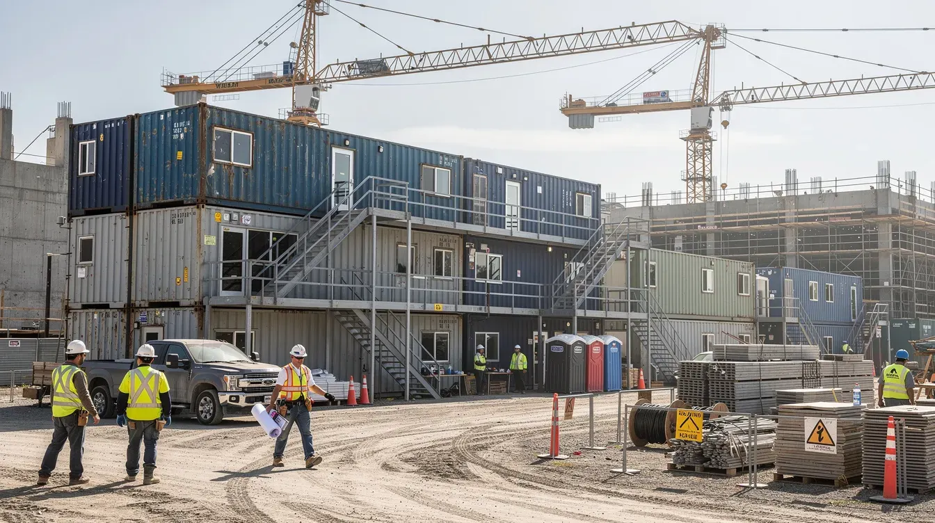Multi-storey steel portable office container deployment at construction site Steel portable office containers stacked at construction site with cranes by Portable Office Cabin – available in Bangalore, Chennai, Hyderabad, Mumbai, Pune, Delhi NCR & pan-India