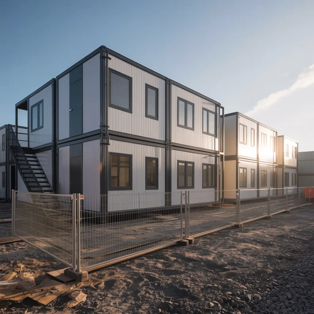Double-storey prefabricated workmen accommodation block with external staircases in industrial area