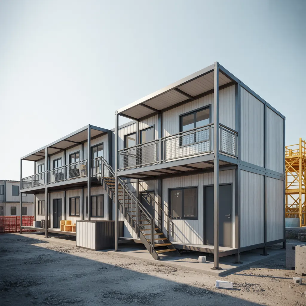 Modular G+1 worker housing colony with balconies and covered walkways at construction site – available in Bangalore, Chennai, Hyderabad, Mumbai, Pune, Delhi NCR & pan-India