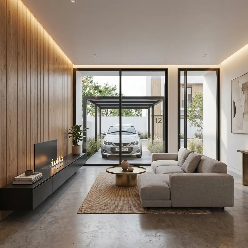 Finished living room in an individual house with timber feature wall, linear fireplace and full-height glazing to the car porch – Portable Office Cabin | Bangalore, Chennai, Mumbai & across India Finished living room in an individual house with timber feature wall, linear fireplace and full-height glazing to the car porch