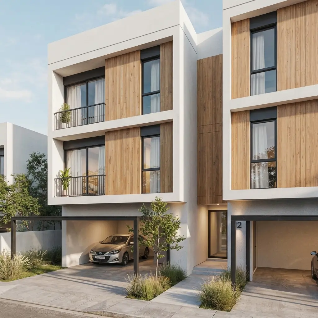 Three-quarter view of a modern individual building showing balconies, timber cladding and the covered parking bay at ground level – Portable Office Cabin | Bangalore, Chennai, Mumbai & across India Three-quarter view of a modern individual building showing balconies, timber cladding and the covered parking bay at ground level – available in Bangalore, Chennai, Hyderabad, Mumbai, Pune, Delhi NCR & pan-India