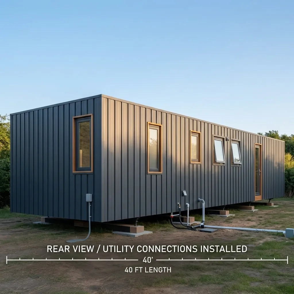 40ft Portable Bunkhouse – 12 Person — rear view with electrical and plumbing utility connections installed | portable bunkhouse, Portable Cabins by Portable Office Cabin