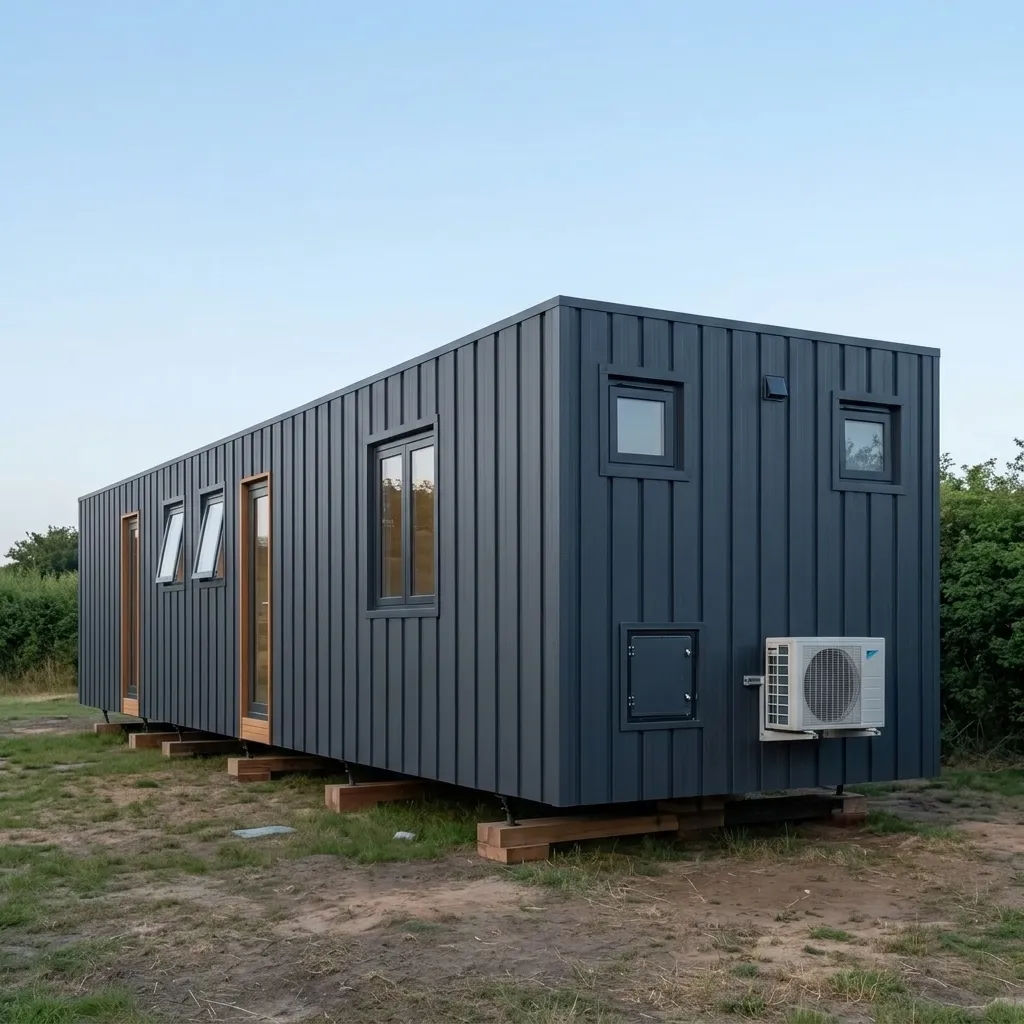 40ft Portable Bunkhouse – 12 Person — side elevation with windows and split AC unit | portable bunkhouse, Portable Cabins by Portable Office Cabin